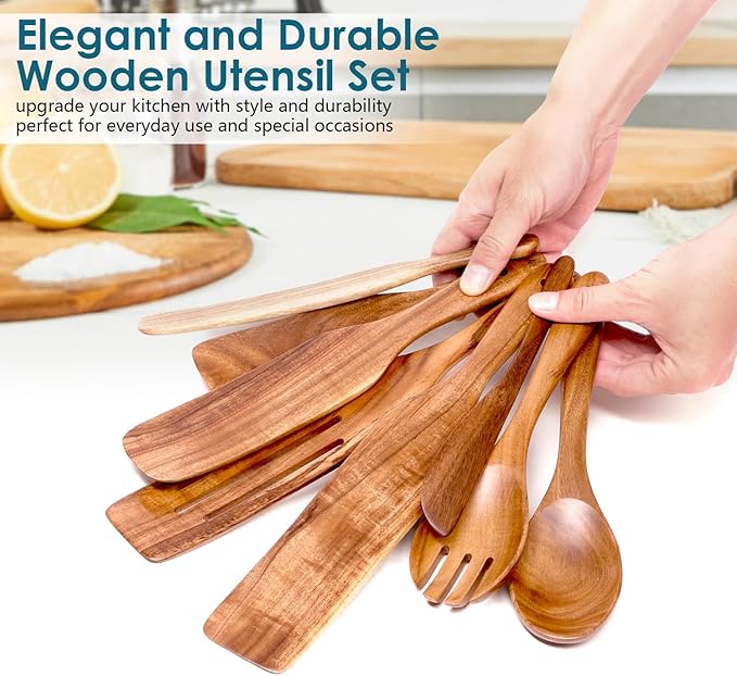 Kitchen 8-Piece Acacia Wood Spurtle Utensil Set – Wooden Cooking Spoons with Slotted Spatula, Salad Fork, Butter Knife & Kitchen Tools, Nonstick Cookware Safe by Howhong