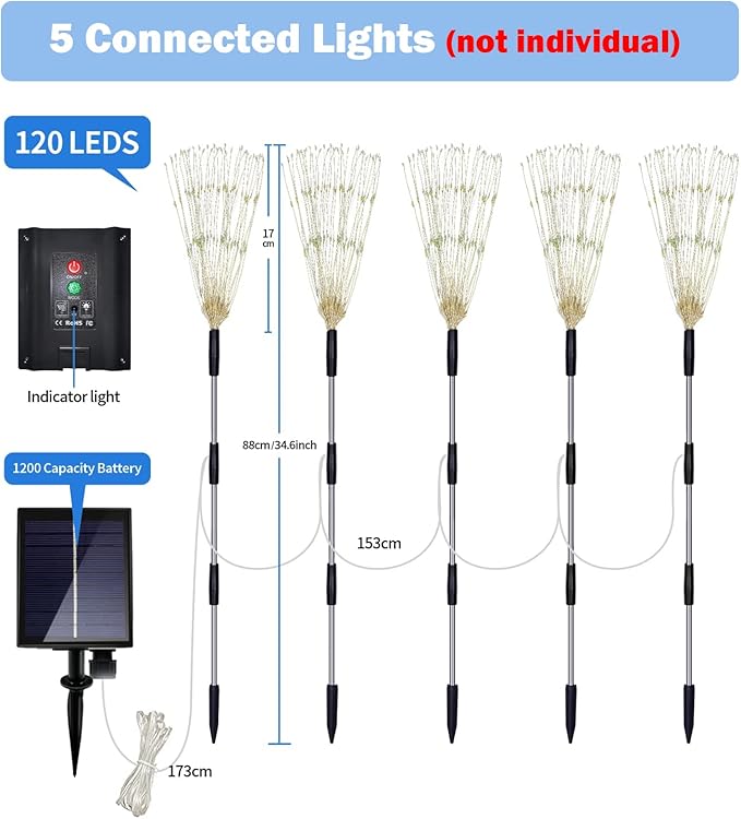 Solar Garden Lights Outdoor Fireworks - 5 Pack Decorative Solar Lamps with 8 Modes Remote for Lawn Backyard Patio Pathway (Cool White)