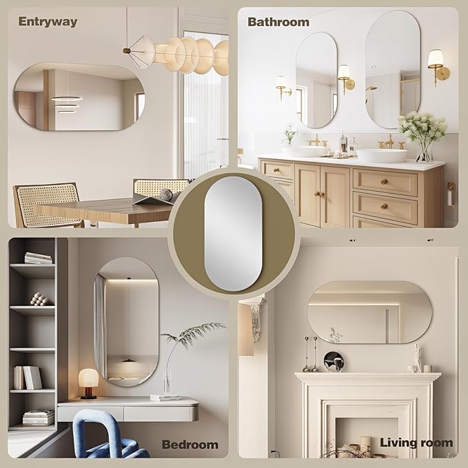 48"x24" Frameless Mirror Wall Mirror, Modern Oval Bathroom Mirror with Polished Edge, Hang Horizontally or Vertically, for Bedroom Bathroom Livingroom Gym Entryway and More