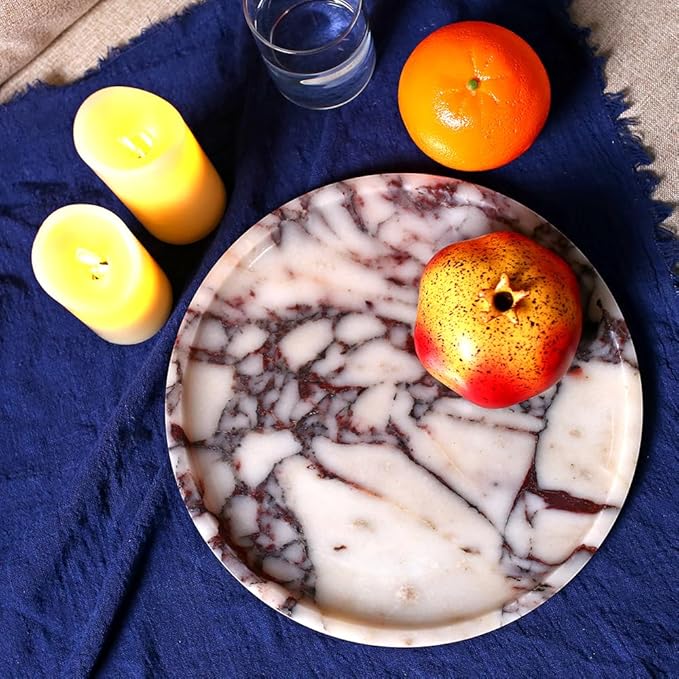 Natural Marble Tray, Coffee Table, Food, Fruit, Paper Cup, Cake Display, Coffee bar, Family Gatherings, Seasonal Holiday Decoration Tray(Viola-Circular-9.8"x9.8"x0.7")
