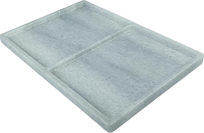 10"x8" Natural Marble Decorative Tray – Dual‑Compartment Stone Vanity Organizer for Jewelry, Keys & Soap – Premium Heat‑Resistant Bathroom Decor Gift(Belken White)