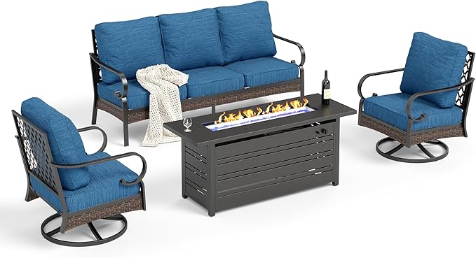 HERA'S HOUSE 4 Piece Patio Furniture Set with 56" Fire Pit Table, 2 x Swivel Cushioned Chair, 1 x 3-Seat Sofa, 5-Seats Outdoor Conversation Set for Lawn Garden Deck, Pacific Blue