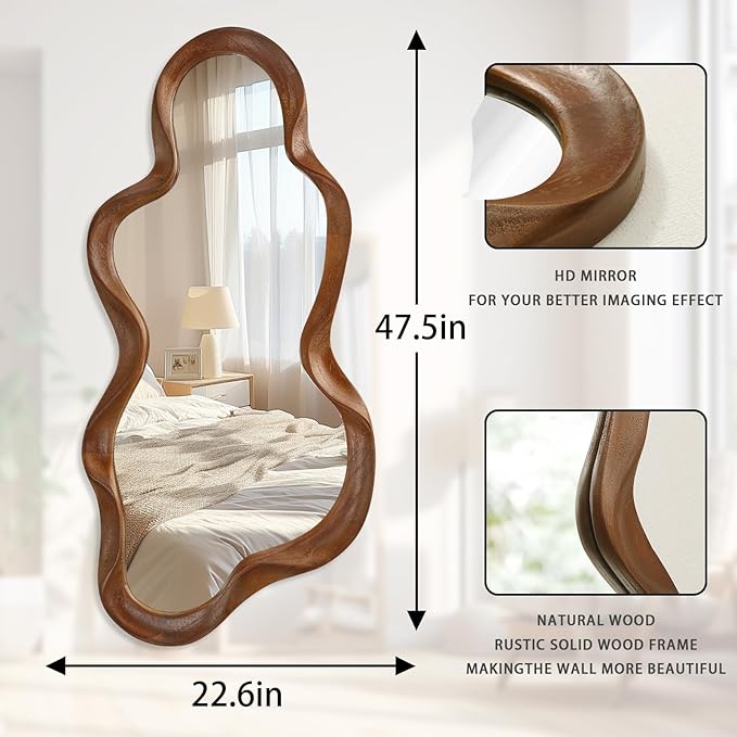 Large Asymmetrical Mirror Irregular Wood Frame Modern Unique Wall Mounted Artistic Wavy Mirrors Decor Bathroom Vanity Bedroom Living Room Entryway Hallway 47"x22"