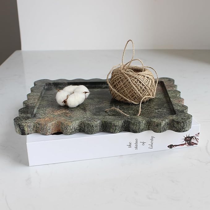 Natural Luxury Scalloped Marble Tray 10.8"x8", Rectangle Vanity Tray for Bathroom Kitchen Counter, Decorative Tray for Dresser Home Decor - Rainforest Green