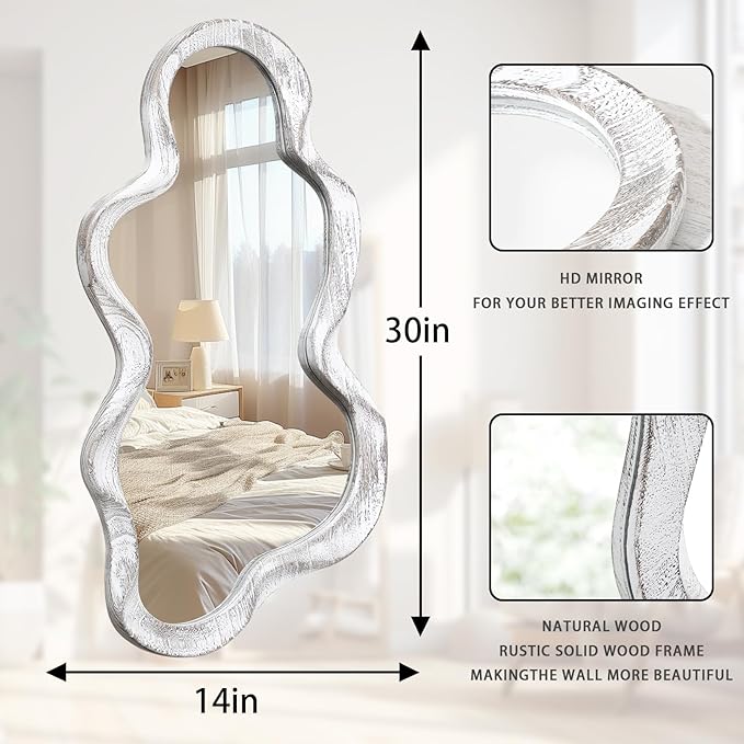 Asymmetrical Mirror Large Irregular Wall Mirror Modern Wood Frame Unique Artistic Mirrors Cute and Stylish Cloud Wavy Mirror Decorative for Cloakroom Bedroom Living Room Bathroom Entryway White