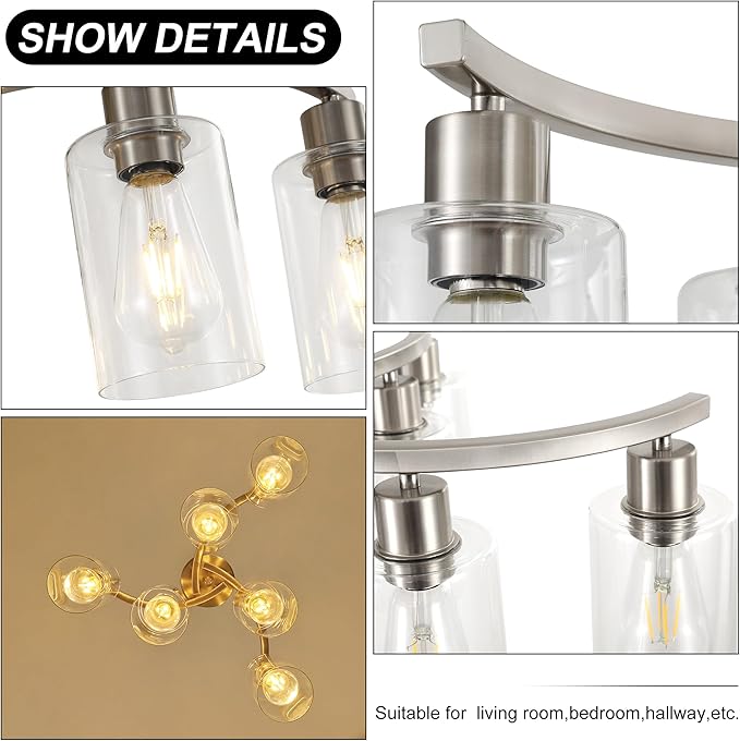6-Light Brushed Nickel Chandeliers for Dining Room Light Fixtures Over Table, Adjustable Height Hanging Industrial Pendant Lighting for Kitchen Island Bedroom, Clear Glass Shade
