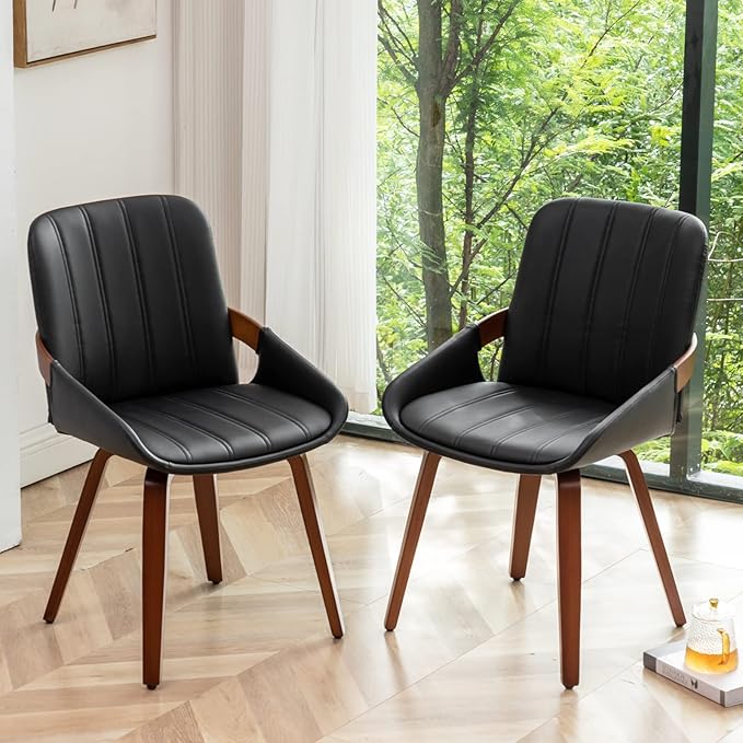 Mid Century Modern Faux Leather Upholstered Dining Chairs,Armless Accent Chairs with Sturdy Natural Wood Legs,Bamboo Backrest Support for Kitchen&Dining Room Chairs(Set of 2,Black PU)