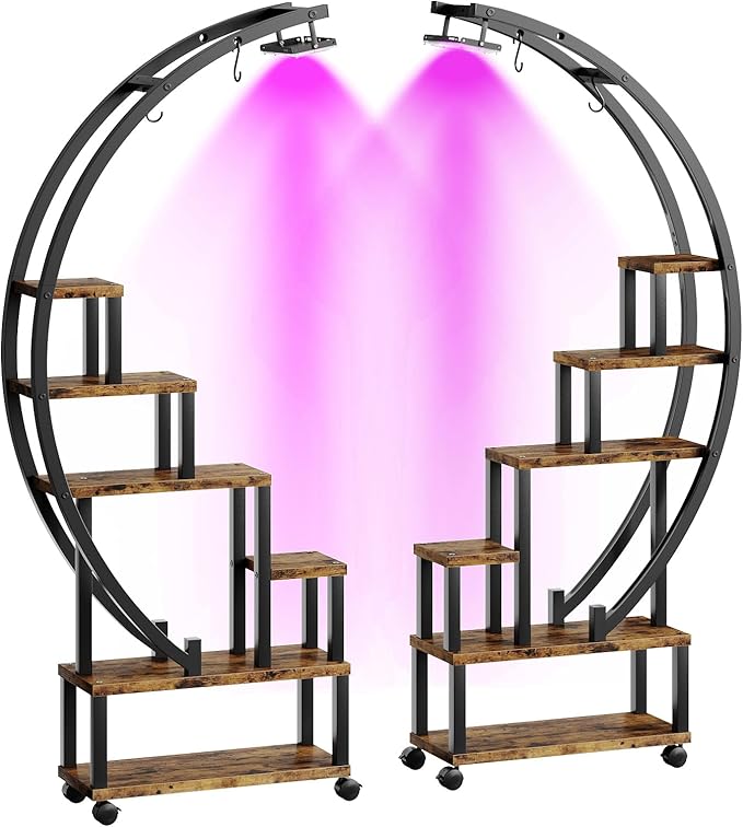 Bestier Plant Stand Indoor with Grow Lights, 6 Tiered Metal Plant Stand with Wheels for Plants Multiple, Half-Moon Shape Plant Rack Display Shelf, Large Plant Holder or Home, Patio, Balcony (2 Pcs, Brown)