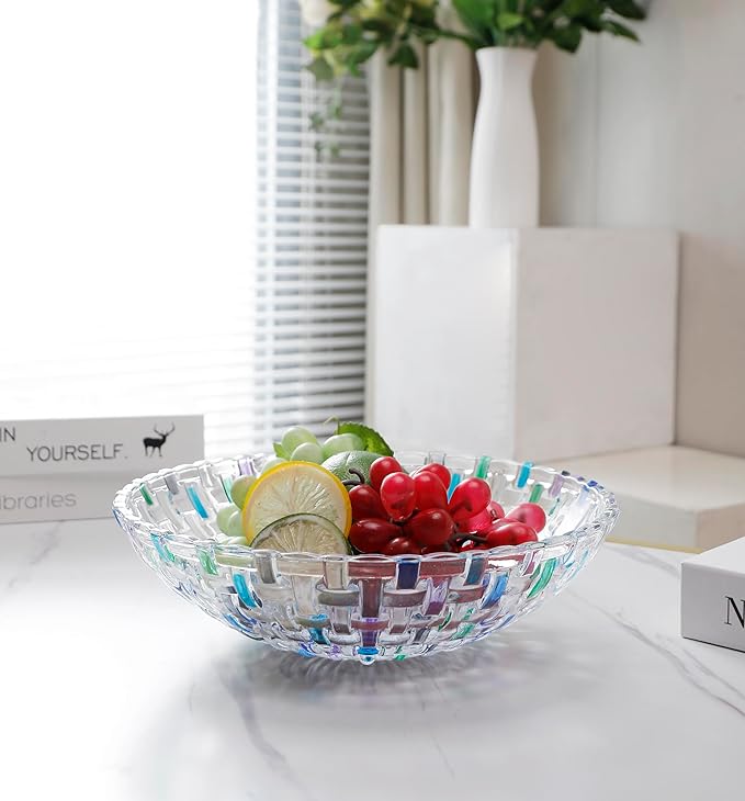 Hand Painted Blue Woven Glass Crystal Salad & Fruit Bowl Decoration,Centerpiece For Home,Office,Wedding Decor, Fruit, Snack, Dessert, Server (Blue)