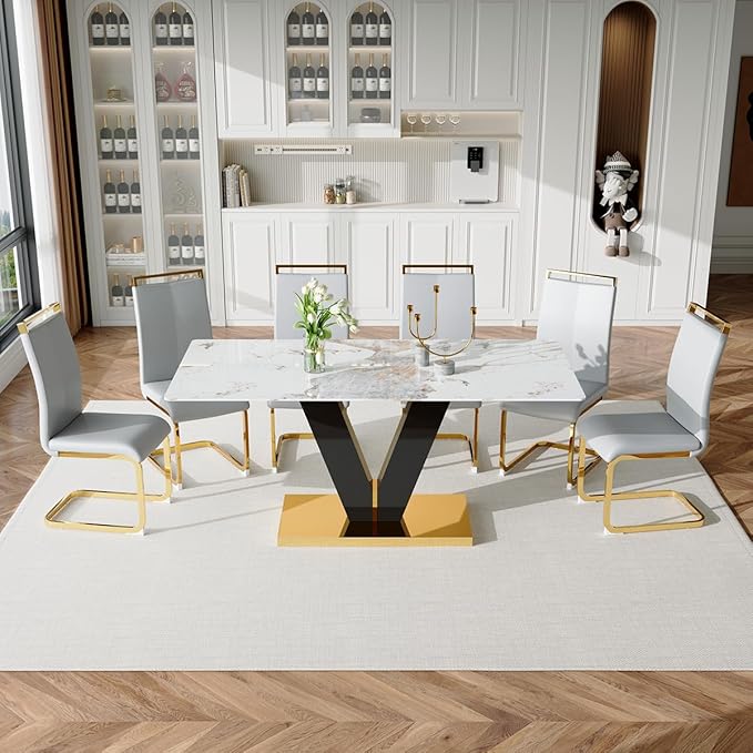 71'' Dining Room Table Set for 6,Marble Dining Table Set,Modern Kitchen Table with 6 PU Leather Chairs,Gold Dining Table Set with V-Shaped Black Glossy Pillars,Ideal for Kitchen Dining Room