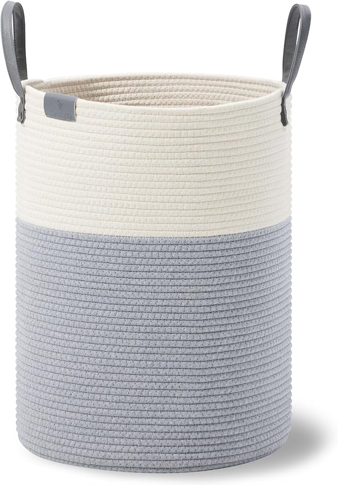 VIPOSCO Tall Laundry Basket, Large Dirty Clothes Hamper with Leather Handle, Woven Rope Storage Basket for Blanket, Toy In Living Room, Bathroom, Bedroom - 100L Grey & White