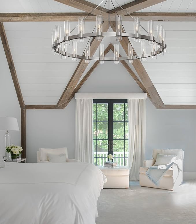 Nickel Chandelier,20-Light Wagon Wheel Chandelier with Glass Shade, 60 Inch Large Round Industrial High Ceilings Pendant Lighting Fixture for Dining Room, Living Room, Kitchen Island