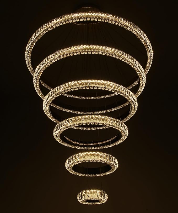 47" 6 Ring Crystal Chandelier Modern LED Dimmable Ring Pendant Light Chandelier for Dining Room Living Room Silver