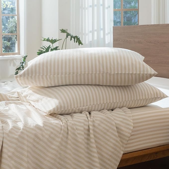 MooMee Striped Duvet Cover Set 100% Washed Cotton Linen Like Textured Breathable Durable Soft Comfy (Almond Milk Grey Classic Stripes, Super Queen 90"x98")
