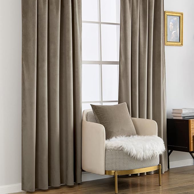 MIULEE Taupe Velvet Curtains 90 inches - Luxury Blackout Curtains for Bedroom Living Room Thermal Insulated Super Soft Window Drapes Rod Pocket & Back Tab, W52 x L90 inches, 2 Panels