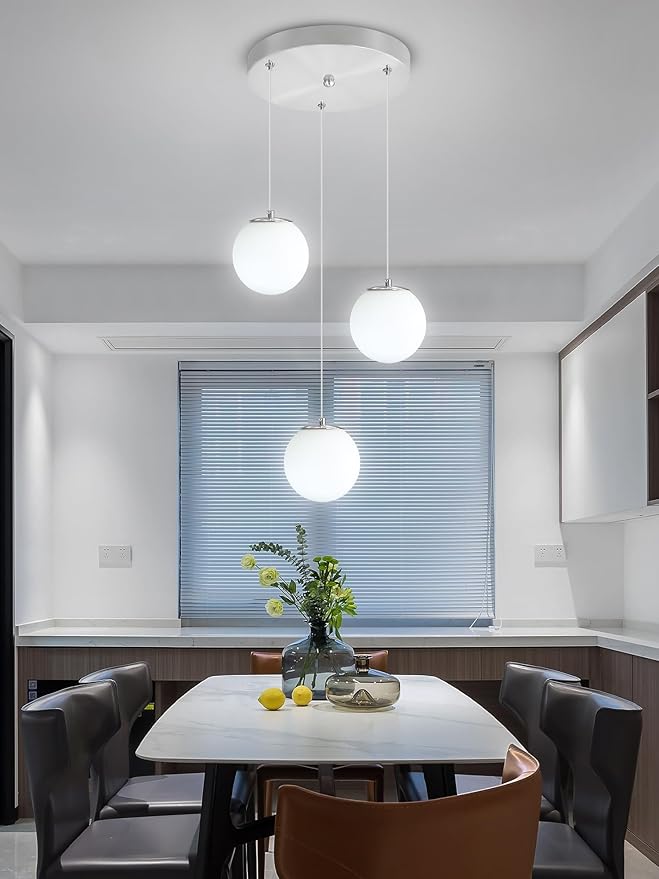 Globe Glass Pendant Light Modern Silver White Globe Glass Chandelier Mid Century Chandelier 3-Light Hanging Fixture for Kitchen Island Foyer Hallway Dining Room