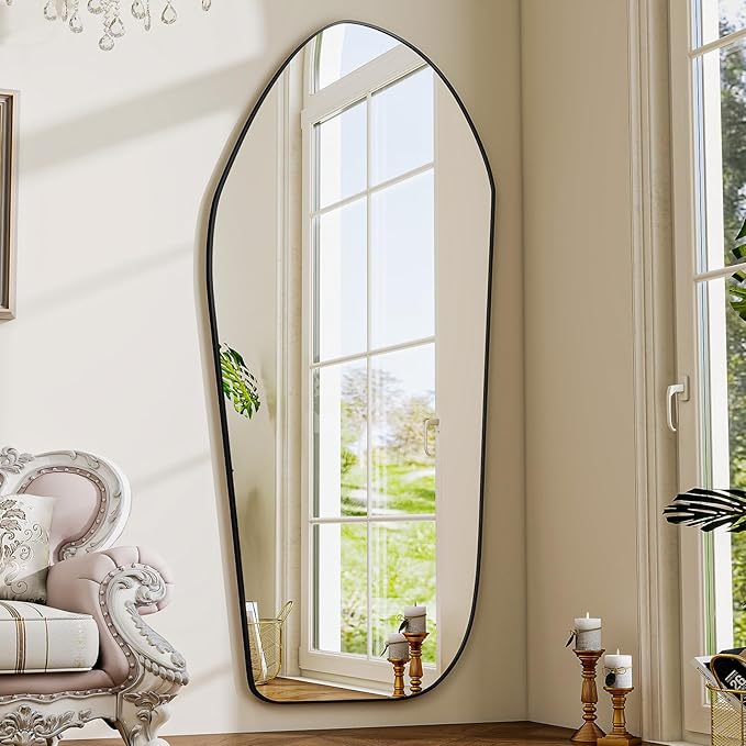 BEAUTYPEAK Full Length Dress Mirror - Floor Mirror 76"x34" Irregular Diamond Shape Aluminum Frame, Standing or Hanging Mirror for Bedroom Living Room Entryway, Black