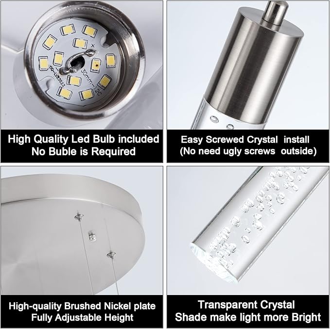 Modern Chandeliers for high Ceilings, Brushed Nickel Foyer Pendant Lighting with Preminum Bubbles, Pendant Lights Kitchen 6-Lights Dimmmable for Foyer Dining Room, Kitchen Island,Bars…