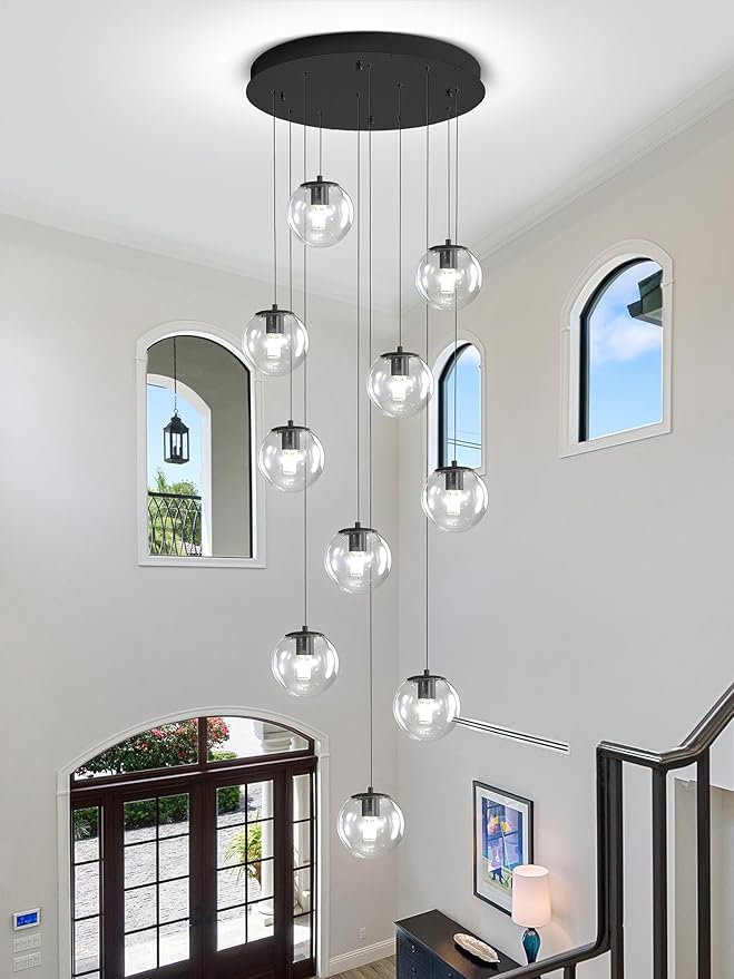 Modern Globe Chandelier H118 Staircase Chandelier for Entryway 12-Lights Glass Globe Pendant Light Large Chandeliers for High Ceiling Foyer Stairwell