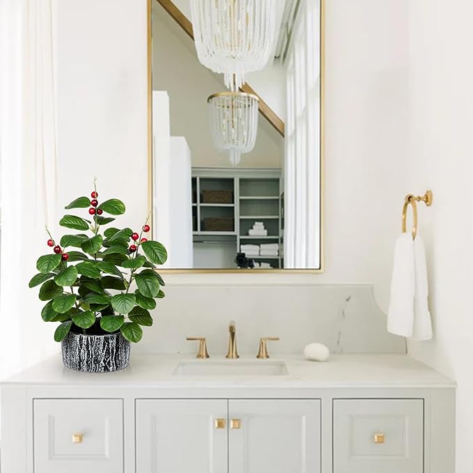 Artificial Plants Decor Greenery Fake Ficus Leaf with Red Seeds Indoor Potted 14" Fake Plant in Rustic Black Ceramic Planter for Farmhouse Room Christmas Kitchen Office Table Desk Decor