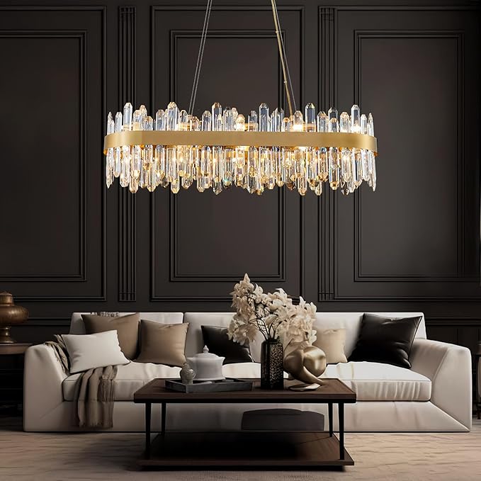 Modern Crystal Chandelier, 20-Lights Rectangle Gold Raindrop Chandelier Luxury Oval Pendant Ceiling Light Fixture for Living Room Dining Room Kitchen Island L35.4''