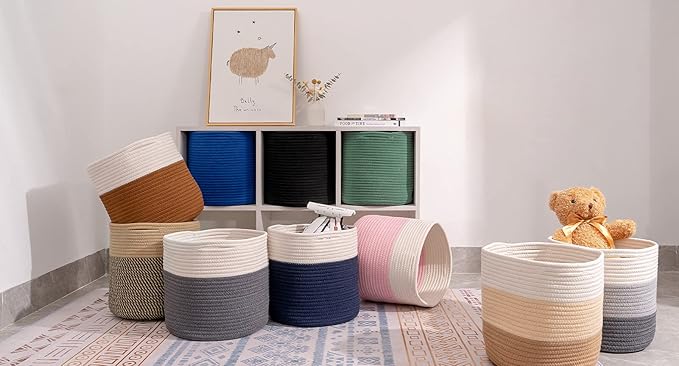 voten Round Storage Cubes Baskets Bins Organizer 11x11x11'' Fit 12x12'' Cube Storage Organizer Bookcases Shelf, Durable Woven Cotton Rope Basket, 3Pack Yellow