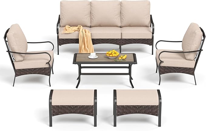 PHI VILLA Outdoor Modern Patio Furniture Set, Upgraded Wicker&Metal Patio Furniture Conversation Set with Waterproof Thick Cushions for Porch, Poolside, Deck, and Yard (6 Pieces,Beige)