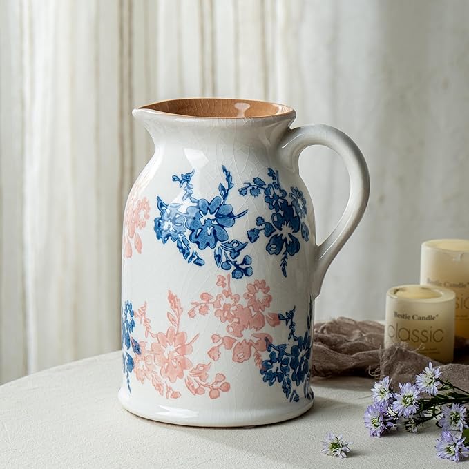 Pink Blue and White Pitcher Vase, 8 Inch Vintage Chinoiserie Ceramic Flower Vase, Rustic Retro Ice Cracked Antique Porcelain Vases for Home Farmhouse Table Centerpieces Shelf Decor 