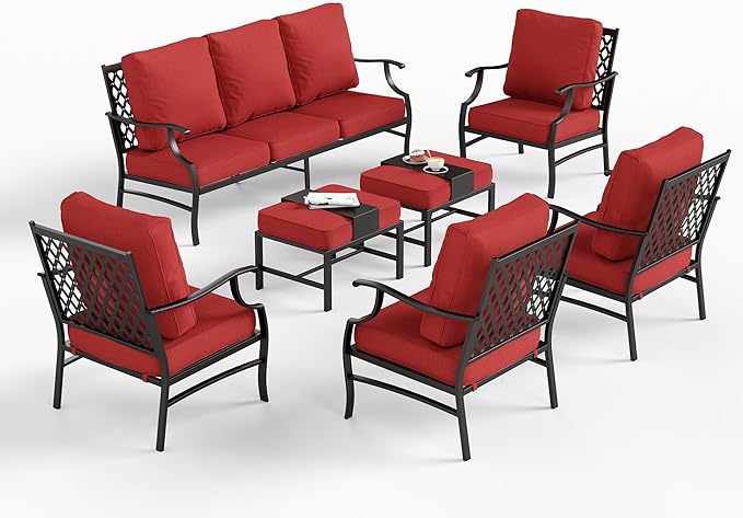 7 Piece Metal Outdoor Patio Furniture Set, Patio Conversation Sets 1 3-Seater Sofa, 4 Fixed Chair, 2 Ottomans with 5.75" Thick Cushion, Black All-Weather Frame Backyard Furniture, Red