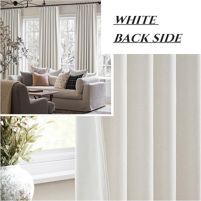 Short Linen Blackout Curtains for Bay Windows 48 Inch Length Bedroom/Living Room/Bathroom, Heat Blocking Cute 48 Inches Long 2 Panels Set, Birch Cream Ivory Drapes (40"x48"x2 Back Tab/Pinch Pleated)