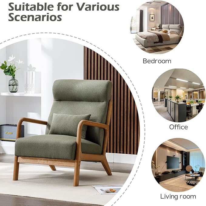INZOY Mid Century Modern Accent Chair Set of 2, High Back Reading Armchair with Wood Frame, Upholstered Living Room Chairs with Waist Cushion, Single Lounge Arm Chair for Bedroom Sunroom, Green