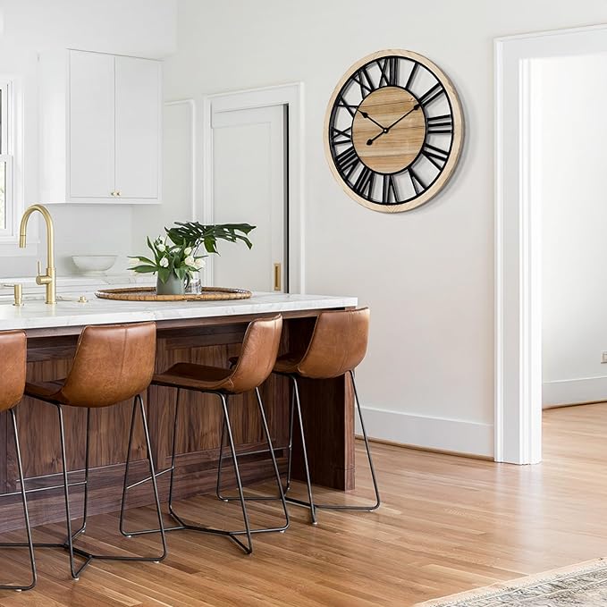 LEIKE 24 Inch Large Wall Clock - Rustic Wooden Silent Non-Ticking Wall Clock with Black Metal Frame, Vintage Farmhouse Decorative for Living Room, Bedroom, Kitchen - Roman Numerals, Modern Design