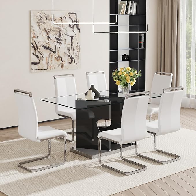 Glass Dining Room Table Set for 6,Dining Table Set for 6 with PU Leather Chairs,Retangular Dining Table with MDF Table Legs and Sliver Base for Dining Room