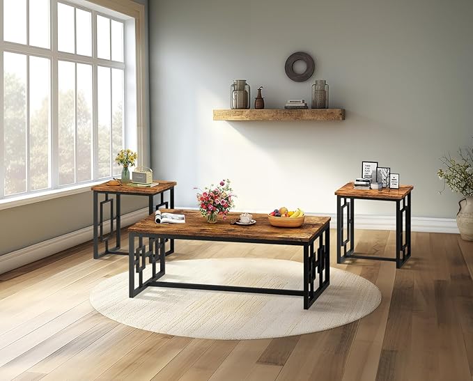 Recaceik Rectangle Coffee Table and End Table Set of 3, Modern Vintage Dark Brown Coffee Table and Side Table for Living Room, Office, Apartment, Small Space