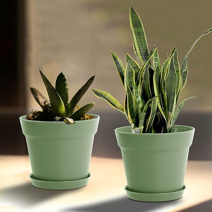WOUSIWER 16 Pack 6 inch Plastic Planters, Plastic Indoor Planter Flower Pots, Heavy Duty and Stylish 6 Inch Plant Pots for Indoor Plants with Drainage Holes and Tray for Plants Flowers, Green
