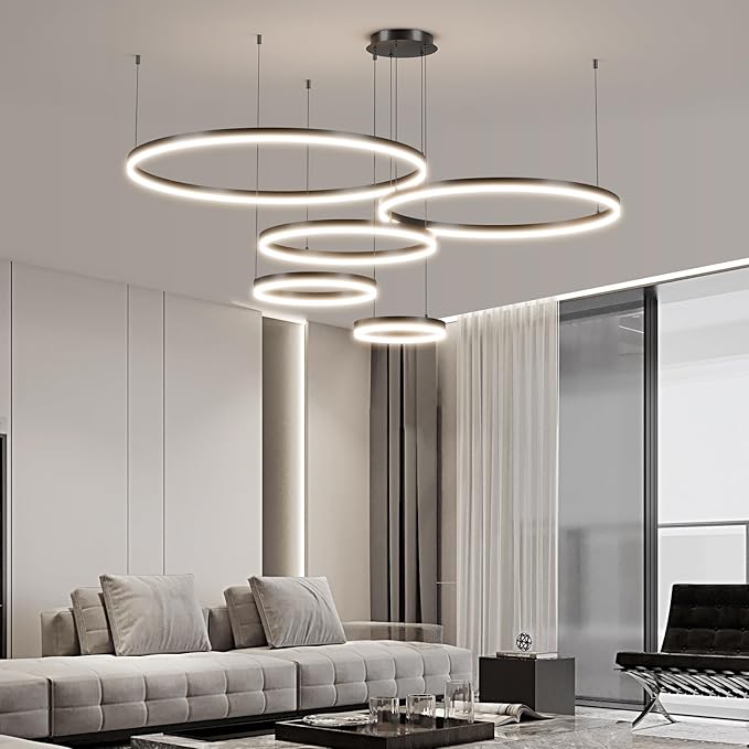 LED Pendant Light for Kitchen Island, 5-Ring Black Modern Chandelier, Dimmable 3000K-6500K, Adjustable Height, Remote Control, Hanging Ceiling Lighting Fixture for Dining Room, Living Room Lamp
