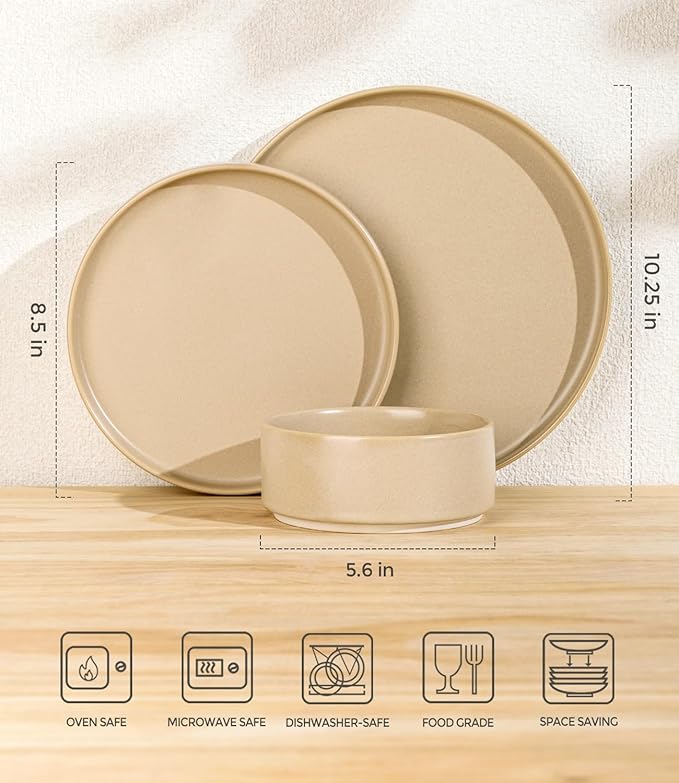 TheTerra Ceramic Dinnerware Sets for 4, 12 Pieces Handmade Reactive Glaze Plates and Bowls Set, Scratch Resistant Dish Set, Oven & Microwave & Dishwasher Safe, Ivory Cream