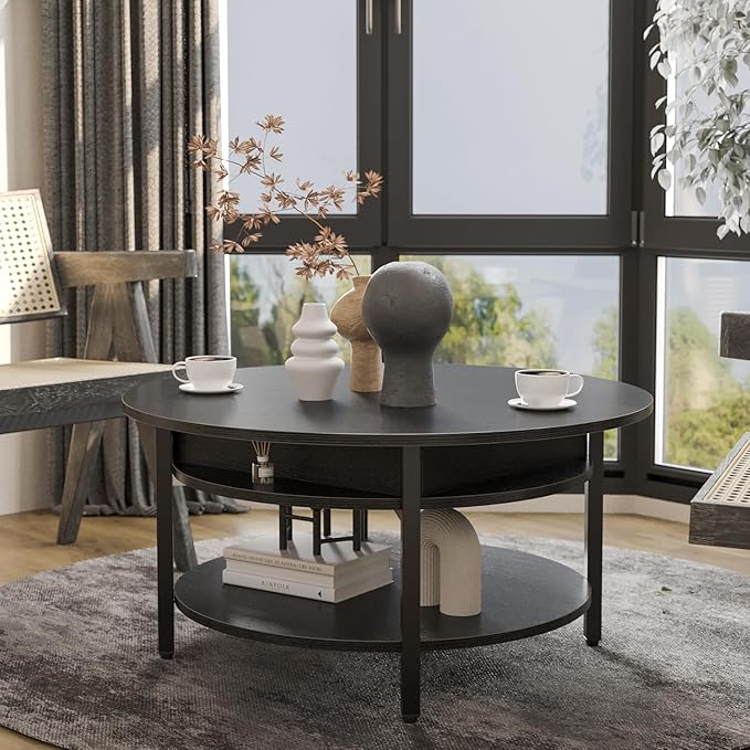 FABATO Round Lift Top Coffee Table with Storage and Hidden Compartment, 26.77'' Farmhouse Coffee Table for Living Room Reception Room, 2 Tier Small Round Coffee Table Circle Dining Table, Black