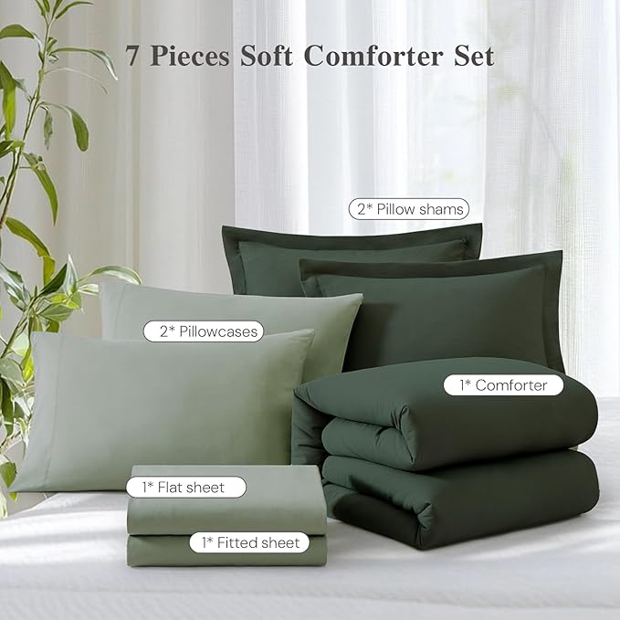 WRENSONGE Queen Comforter Set - 7 Pieces Deep Forest Soft Bed in a Bag Queen with Fitted Sheet, Flat Sheet, 2 Pillow Shams, and 2 Pillowcases- Warm Bedding Sets for All Season