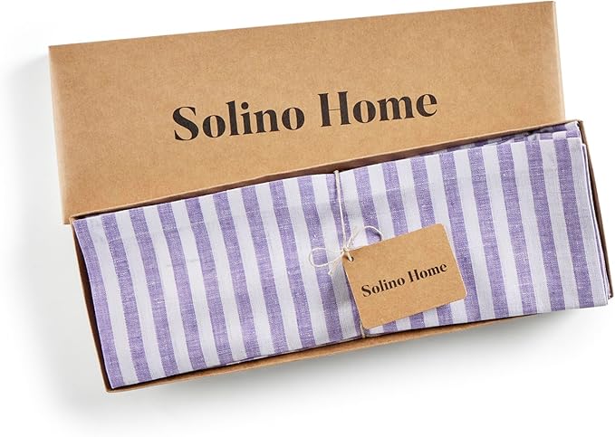 Solino Home Linen Cloth Placemats Set of 4 - Amalfi Stripe 100% Pure Linen Violet and White Farmhouse Placemats 14 x 19 Inch