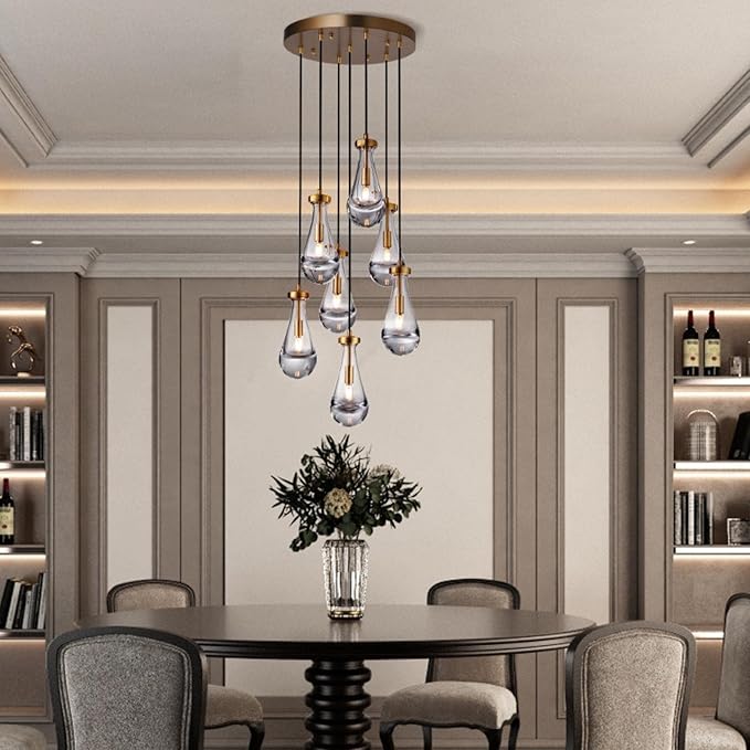 7 Light Raindrop Chandeliers, Brass Teardrop Cluster Pendant Lights Kitchen Island, Gold Dining Room Chandeliers Over Table Hanging Pendant Lighting for High Ceiling, Entryway Staircase