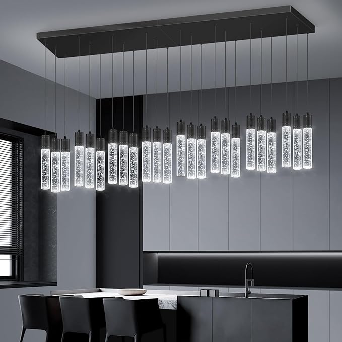 24-Lights Modern Crystal Chandeliers LED Pendant Light for Kitchen Island Dining Room Entrance Foyer Living Room 6000K Black