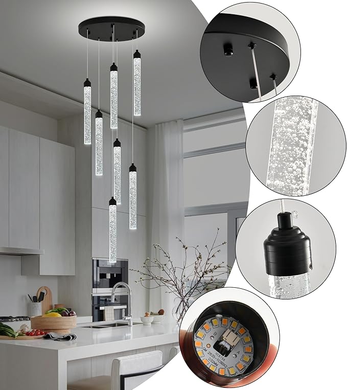 7-Lights High Ceiling Crystal Staircase Chandelier Black Pendant Lights Modern Spiral Raindrop Dimmable LED Bubble Cluster Ceiling Hanging Lighting Fixture for Foyer Living Room Remote Control