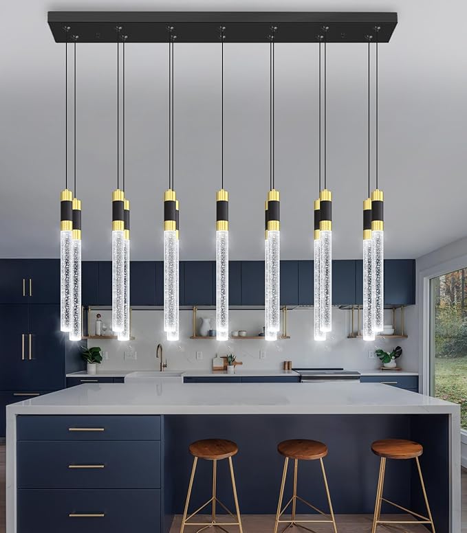 14-Lights Modern Rectangular Chandeliers for Living Room LED Dimmbale Light Fixture for High Ceiling Pendants Lighting for Dining Room