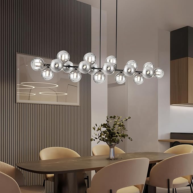 Linear Chandeliers for Dining Room, Glass Globe Sputnik Linear Chandelier Black with 22 Lights Smoky Gray Lampshade, Hanging Island Pendant Light for Kitchen, Oval Table, Farmhouse, Dia 70 Inch