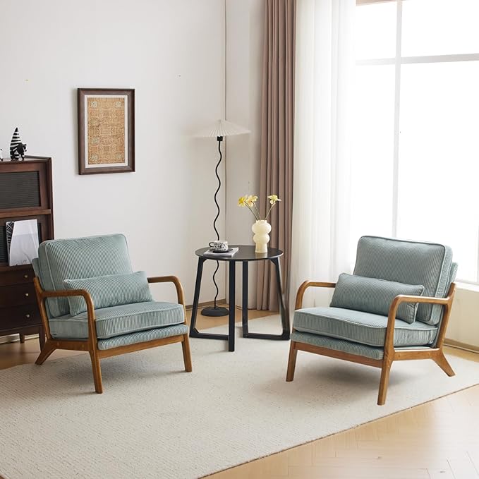 Karl home Mid-Century Modern Accent Chair, Living Room Chairs with Pillow Corduroy Upholstered Lounge Armchair with Solid Wood Frame & Soft Cushion for Bedroom, Reading Room, Teal