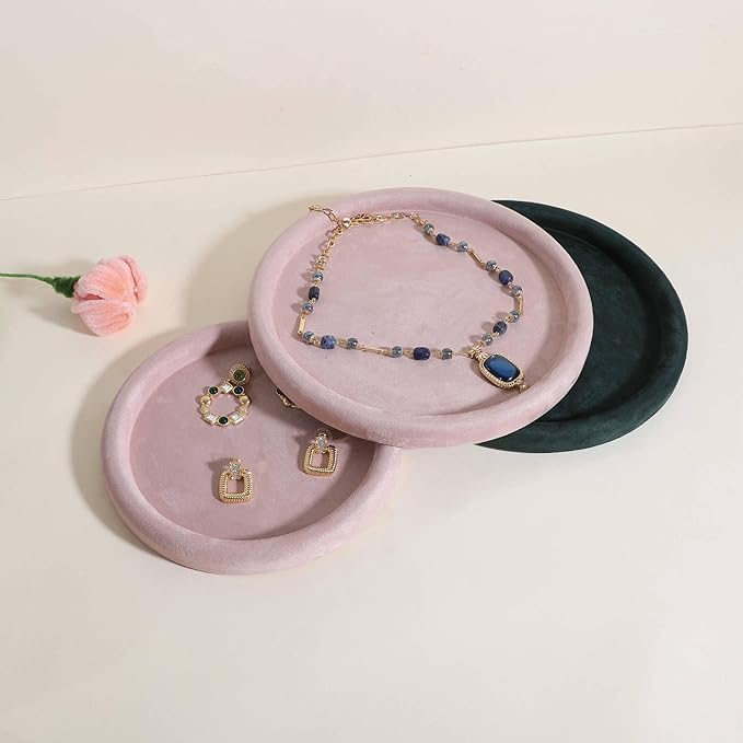 GemeShou Round Jewelry Organizer plate, Top Microfiber velvet Jewerly display tray, Empty Jewelry showcase tray for Necklace Bracelet Ring Earring display stand holder (Pink-Large, 9.8 x 9.8 in)