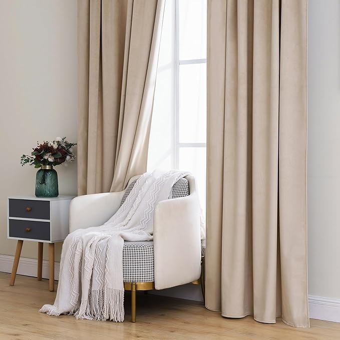 MIULEE Velvet Curtains 84 inches 2 Panels - Luxury Blackout Curtains for Bedroom Living Room Thermal Insulated Super Soft Window Drapes Rod Pocket & Back Tab, Camel Beige, W52 x L84 inches