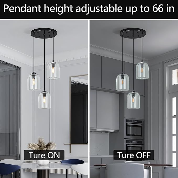 Modern Black Pendant Lights Kitchen Island Ceiling Chandelier Indoor Crystal Hanging Light Fixtures for Dining Room Kitchen Living Room Bedroom(3Light)