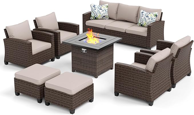 Patio Furniture Set, 8 Pcs Wicker Rattan Outdoor Conversation Set, 4 x Leg Chairs, 1 x 3 Seater Sofa and 2 x Ottomans with 4" Thick Cushion and 32" Fire Pit Table, Beige